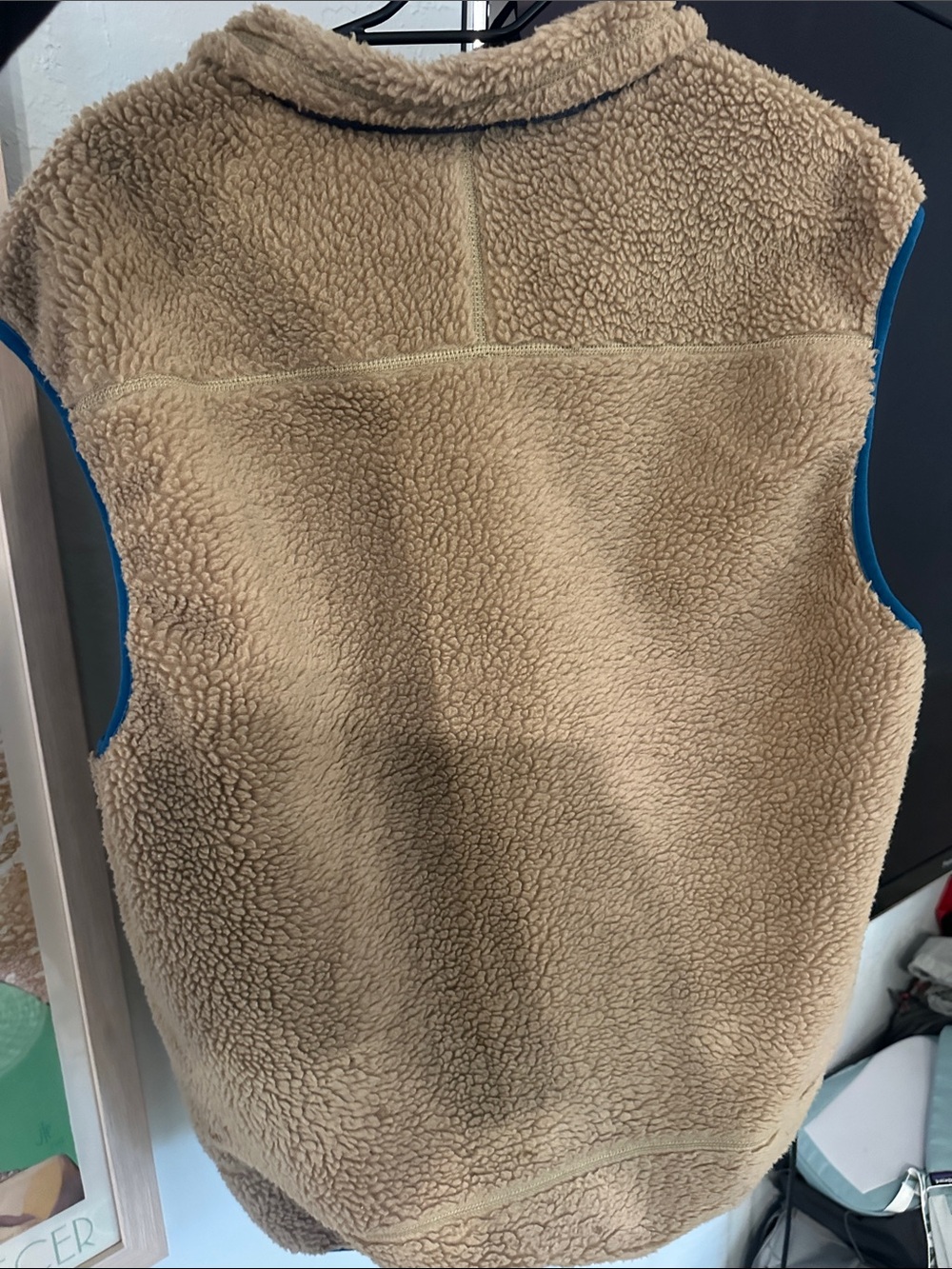 Patagonia Tan Sherpa Vest with Blue Chest Pocket and Trim - Picture 2 of 2